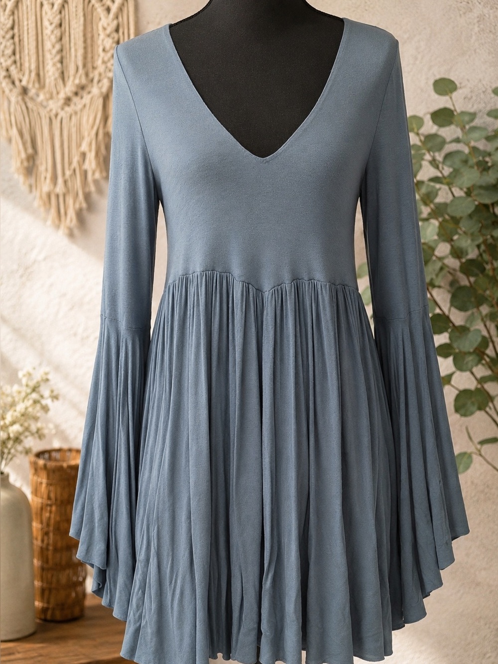 Free People FP Beach Open Back Bell Sleeve Babydoll Mini Dress XS Blue Gray Boho